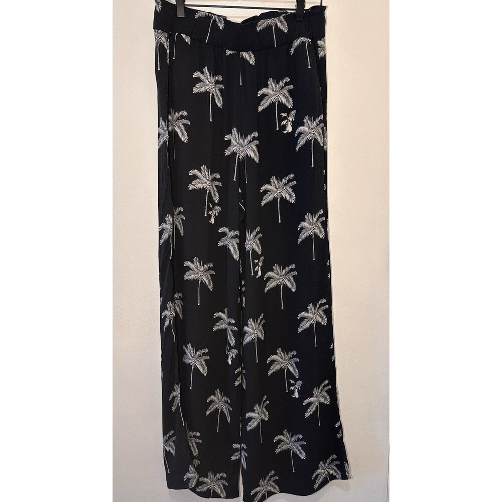 Ann Taylor Large Petite Black Palm Tree Wide Beach Travel Cruise Vacation Pants